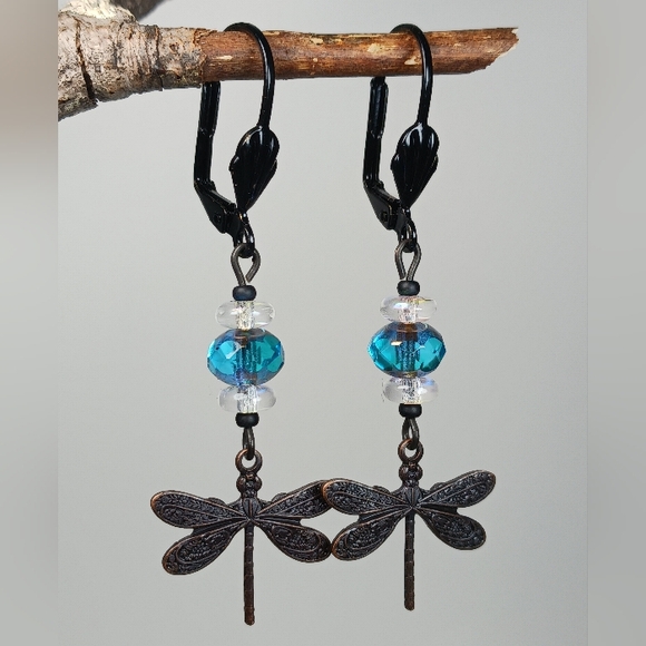 HAND CRAFTED Dragonfly Dangle Earrings Blue Artisan Glass Black Boho Nature - Picture 4 of 6